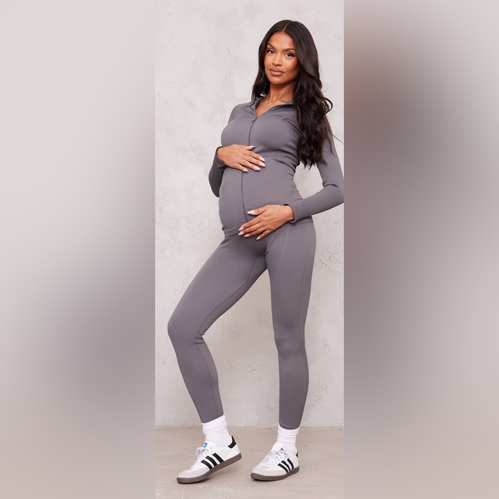 NWT Pretty Little Thing Maternity Slate Contour Ribbed Leggings UK Size‎ Large